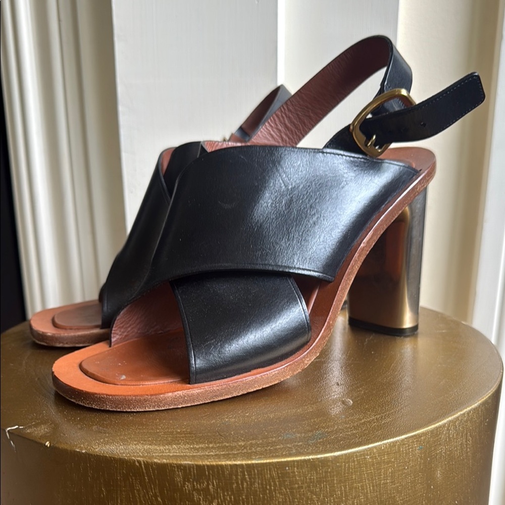 Celine Black and Pewter Heels with Slingback Design. Size 39